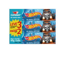 Gel Dental Condor Hot Wheels com Flúor Kids+ 50g Promocional Leve 3 Pague2