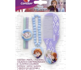 Kit Pente + Elástico com Personagem + Elástico Colorido + Pulseira Frozen Condor