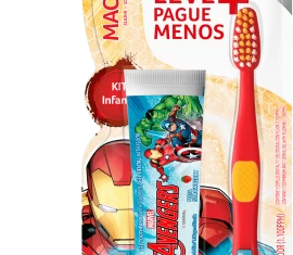 Kit Escova Dental Júnior + Gel Dental com Flúor Morango 50g Avengers Homem de Ferro